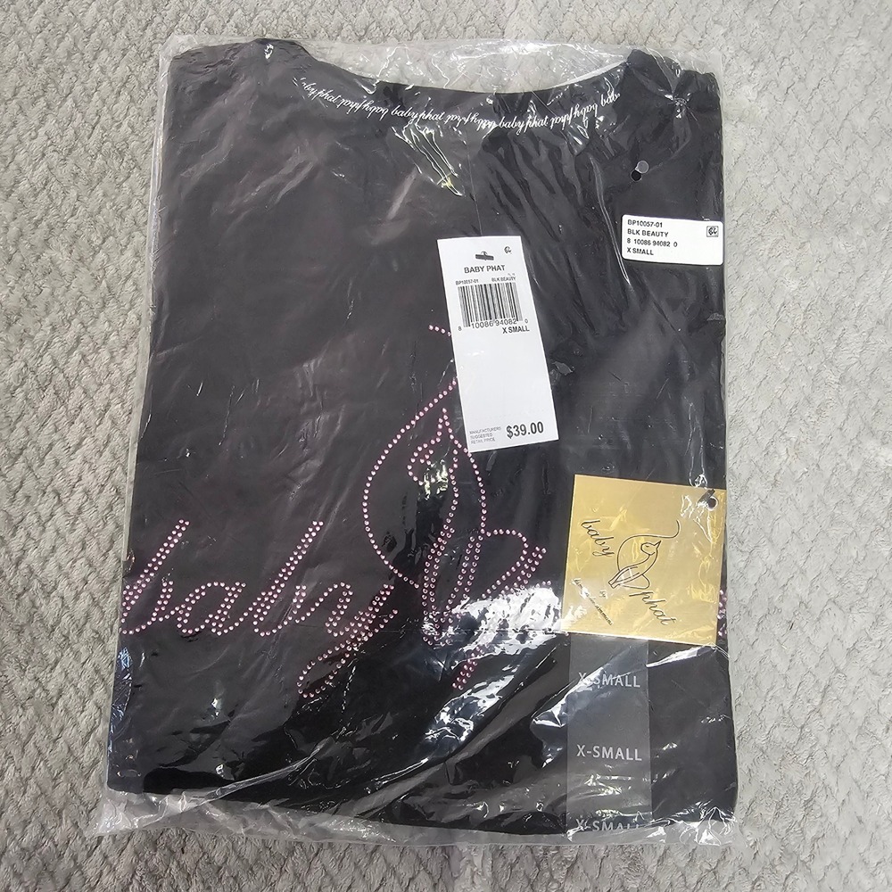 Baby Phat Crop Top Tee Women's XS Black, Graphic Rhinestones